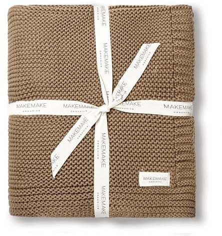 MakeMake Organics Überwurfdecke aus Bio-Baumwolle, GOTS-zertifiziert, Bio-Strickdecke, Couch, Bett, neutrale Herbstfarben, weiche Baumwolle, Größe L, 127 x 152 cm, Braun