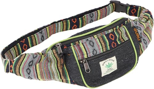 GURU SHOP Praktische Hanf Gürteltasche, Crossbag, Ethno Bauchtasche, Crossbody Tasche - Schwarz/grün, Unisex - Erwachsene, 15x20x8 cm