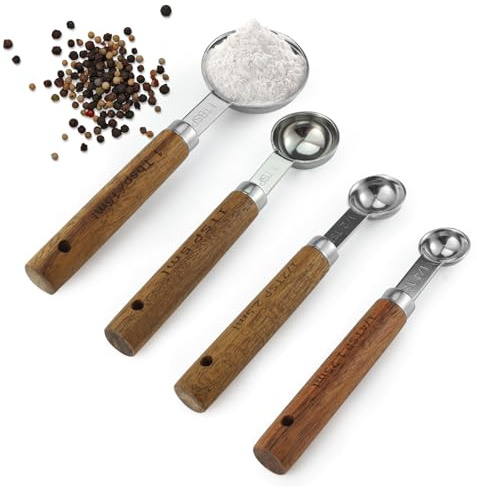 Realand Measuring Spoons Set of 4, Stainless Steel Measuring Spoons with Wooden Handle, 1.25ml, 2.5ml, 5ml, 15ml Metal Measure Spoon