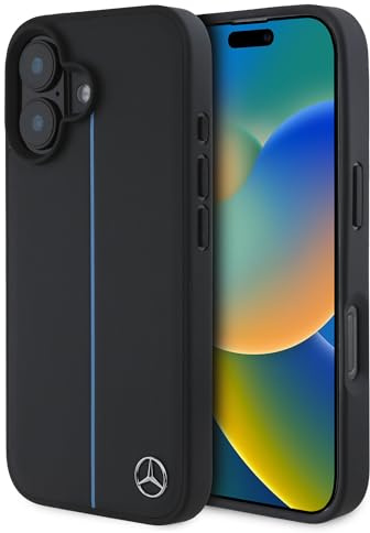 CG Mobile Mercedes-Benz HC Étui de téléphone conçu pour iPhone 16, Durable, résistant aux Chocs, Compatible avec Magsafe, étui en Cuir Bleu Ligne Noire