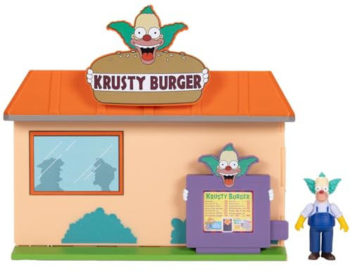 The Simpsons | Diorama-set Krusty Burger och Krusty-figur | 1 rörlig Krusty-figur 6,5 cm + dekoration + tillbehör | Officiell licens | Samlarleksak | Perfekt presentidé för barn från 4 år