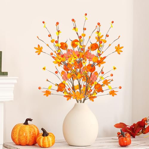 FONDUO Künstliche Blumen Herbstdeko Kunstblumen Herbst Dekoration Ahornblatt Kürbis Herbst Deko Herbstzweige Autumn Decor für Drinnen Draußen Outdoor Balkon Garten Tisch Gelb