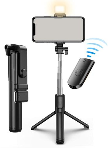Treppiede Smartphone con Luce di Riempimento,Estensibile Bastone Selfie Treppiede per Telefono,Cavalletto per Smartphone con Telecomando Rimovibile,Selfie Stick Ruotabile a 360,Cavalletto Telefono