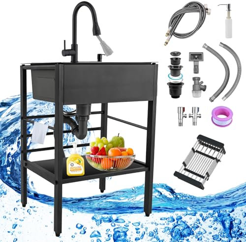 Koubhyj 50x40x86cm Lavandino da esterno, Lavello da Pranzo Mobile Commerciale con Banco da Lavoro con Staffa per Cucina, Ristorante, Bar, Caffè, Garage, Interno e Esterno(Rubinetto Alza/Estraibile)