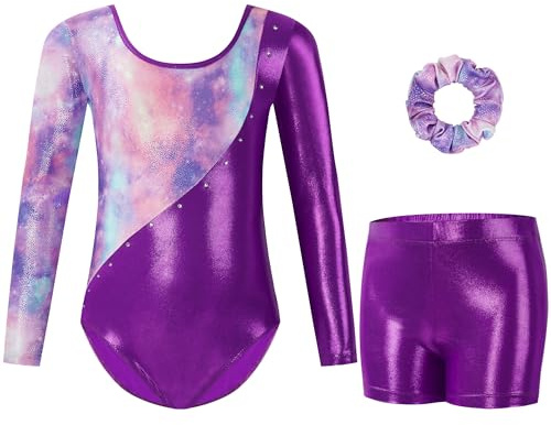 Gogokids Mädchen Dreiteilige Gymnastikanzüge, Langärmliges Gymnastik Set mit Shorts und Haarband, Glitzernde Balletteinheitstrikots - Gymnastik Outfit mit Farbverlaufdesign für 3-12 Jahre