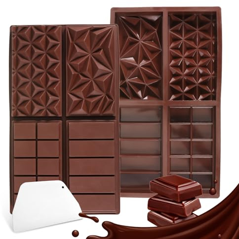 SIWOKJJO 2 Stück Schokoladenform, 4 in 1 Dubai Schokolade Form Mit Schaber, Silikonform Schokoladentafel, Tiefe Schokoladentafel für Schokolade Pudding Süßigkeiten