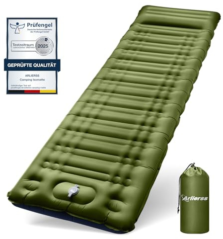 Arlierss Camping Isomatte 12CM Dick mit Integrierter Fußpumpe und Kissen | Kompakte und Leichte Aufblasbare Luftmatratze aus Ripstop-Nylon, Tragbare Schlafmatte für Wandern, Trekking und Outdoor