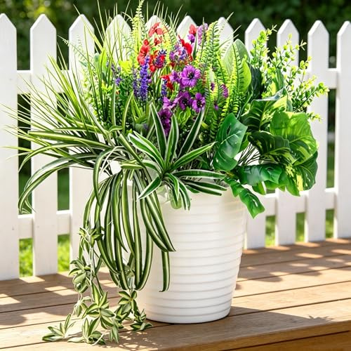 YUGYUM Pflanzen Blumen wie Echt 14 Stück, Kunstpflanze Outdoor Wetterfest Künstliche Balkonpflanzen UV Beständig Farn Lavendel Kunstblumen Kunstpflanzen für Außenbereich Balkon Garten Deko