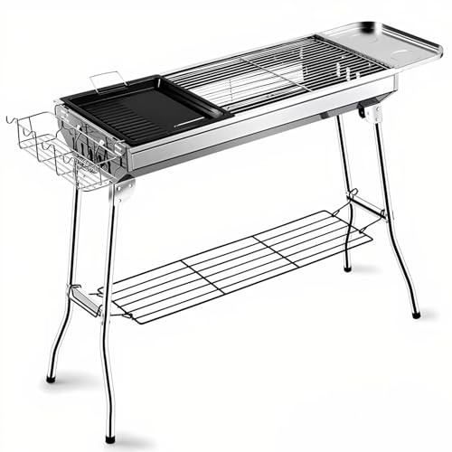 SANON Barbecue Grill, Portable Stainless Steel BBQ Grill Set with Stand Frying Pan Large Folding Charcoal Barbeque Gril for Outdoor Cooking Camping Hiking Picnics, Silver