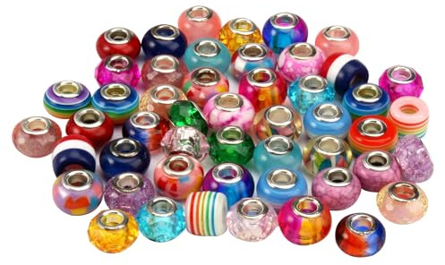 50 Stück Bunte Perlen zum Auffädeln Perlen mit Großem Loch Großlochperlen | Vintage Art Blumenmuster Transparenz und Farbfüllung für DIY Schmuckherstellung, Armbänder, Halsketten Basteln