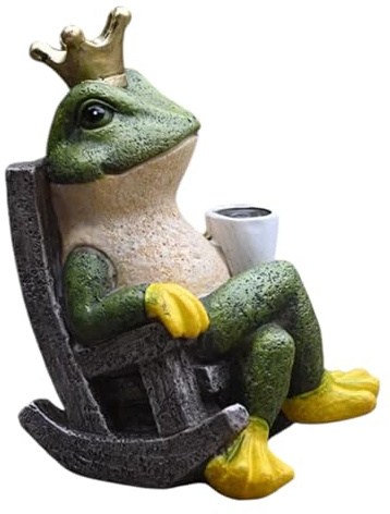 Statue de jardin décorative Prince grenouille, chaise à bascule, couronne verte et dorée, figurine de grenouille fabriquée à la main – Décoration en bois naturel (17 cm de haut) – Décoration