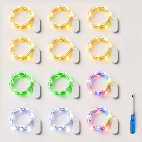 12 Stück mini LED Lichterkette Batterie 2 m 20 LEDs mit CR2032, Mehrfarbig | Kupferdraht Lichterketten Innen Silberdraht für DIY Vasen Geschenke Weihnachten Hochzeit Deko