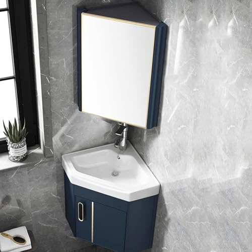 Armadietto da Bagno ad Angolo con Specchio e Contenitore Mobile Bagno Sospeso con Lavabo, Rubinetto Caldo e Freddo, Design Ssalvaspazio per Piccoli Bagni(Blue,38cm)
