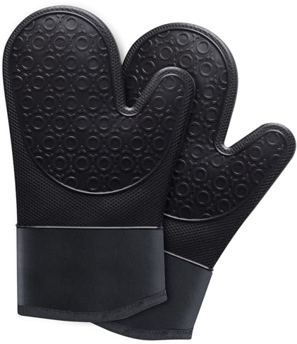 Ofenhandschuhe 2er Set, Extra Lang backhandschuhe Topfhandschuhe Silikon Anti-Rutsch Hitzebeständige Silikon und Baumwolle, für Kochen Backen Grillen, Schwarz
