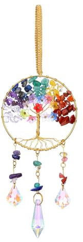 CrystalTears Chakra Crystal Flower Tree Life Hanging Ornament, Handmade Healing Crystal Gemstone Glass Suncatcher for Home Garden Window Wall Decoration Gifts for Women Men Friends Christmas