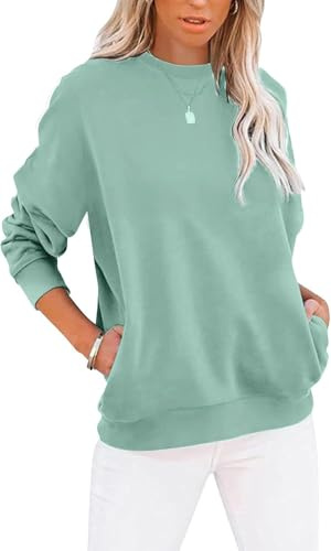 YUANXIAO Sweatshirt Damen Pullover Herbst Winter Rundhals Sweater Farbblock Pulli Langarmshirt Baumwolle Elegant Langarm Oberteile mit Taschen