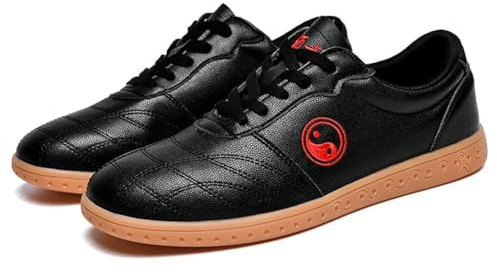 Zapatos de Kung Fu para Hombres y Mujeres Zapatillas Planas de Artes Marciales Chinas Zapatillas de Cuero para Caminar con Cordones de Moda,Negro,40 EU