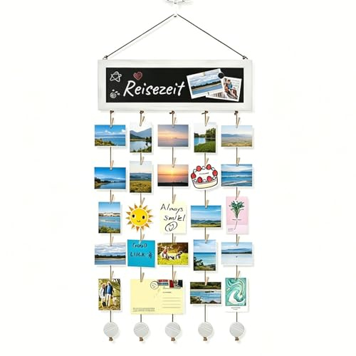 Raheem Fotovorhang, Fotowand mit klammern, Bilderwand, DIY Collage Fotoleine mit magnetischer Tafel zum Beschriften, inklusive Schnur & 30 Holzklammern, Schwarz & Weiß