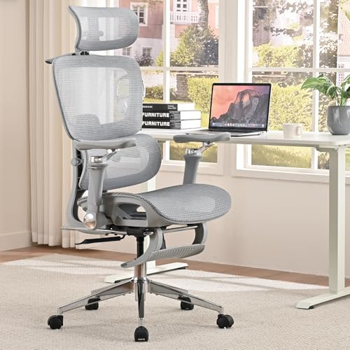 hujusko Mesh Ergonomic Office Chair with Footrest, Grey | 6D Armrests High Back Mesh Gaming Chair with Lumbar Support,Adjustable 3D Headrest for Home Office Desk Chair
