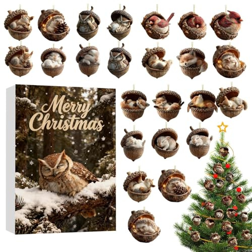 Adventskalender - 2D djur och tofs akryl hängsmycke - 2D akryl djur hängande kalender jul nedräkningskalender, för vuxna köksdörr fester öppen spis bilväska
