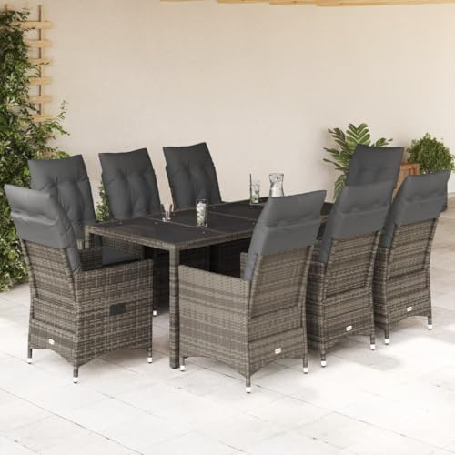 Yunovire 9-TLG. Garten-Essgruppe mit Kissen, Grau Poly Rattan, verstellbare Relaxsessel, UV-beständig, für Garten, Terrasse, Balkon, Essbereich, 190x90x75 cm