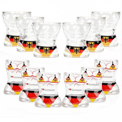 Snapsglas tjock botten 30 ml – muskelman och bikini blyfritt glas, tyska flaggelement design för vodka, alkohol, tequila, saj, whisky. Skottglas för husbarer och fester (12-pack)