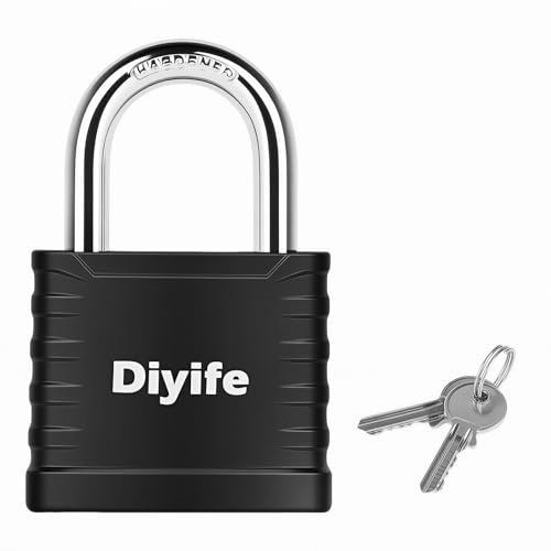 Padlock with Key, [1 Pack][2 Keys]Diyife 5-Pin 41.6mm High Security Padlock | 6.35mm Hardened Steel Shackle, Keyed Alike, Black Vinyl Coated, for Gym Locker, Gate, Shed, Toolbox, Cabinets, Storage Unit