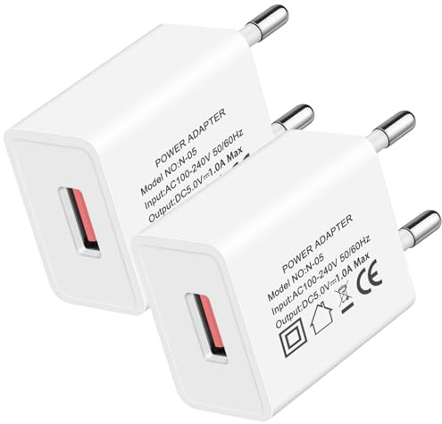 2er-Pack 5V 1A Netzteil 5 Volt 1 Amp Ladegerät 5V1A USB Plug Adapter 1000mA Netzstecker USB A Stecker 5W Charger for Elektronische Waagen/Küchenwaagen/Rasierer/Elektrische Zahnbürste/E-Reader Weiß