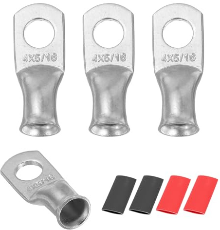 QUARKZMAN 4pcs 4 AWG M8 Battery Lugs Ring Terminals, 5/16 8mm Stud Crimp Wire Terminal Connector End Copper, 2:1 Heat Shrink Tubing, Silver | Stud Crimp Wire Terminal Connector End, 2:1 Heat Shrink Tubing