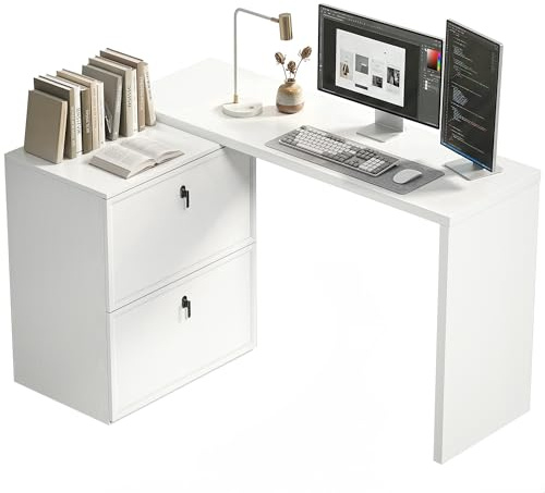 HOMCOM Escritorio Reversible en Forma de L con 2 Cajones Blanco