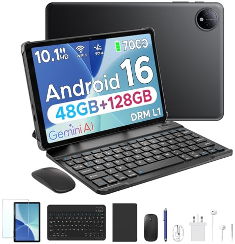 P10 10.1 inch Tablet, 48GB+128GB/TF 2TB, Android 16 Tablet with Gemini AI, 7000mAh, Unisoc T310 Quad-Core, 90Hz, 8MP+5MP, Dual Speakers, 3.5mm Headphone jack, Tablet with Keyboard, Pen, Case, Black