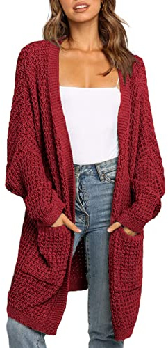 Maavoki Cardigan Long pour Femme - Manches Longues - Décontracté - Automne - Vêtement d'extérieur avec Poche, Z-Rouge, L