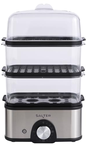 Salter 3-Tier Food Steamer – Compact Multi-Cooker with 3 Steam Baskets, Electric Egg Cooker with 8-Egg Capacity, Vegetable Steamer, 60-Minute Timer, 3L Capacity, Cook Foods Simultaneously, 500W