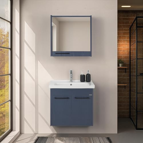 Inbagno Mobile bagno sospeso 65 cm blu effetto legno, a due ante con lavabo e armadietto a specchio, serie SOFIA colonna non inclusa