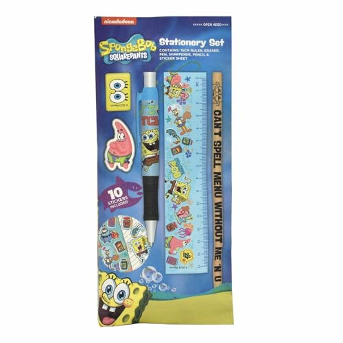 SpongeBob SquarePants skrivset, 6-delat skrivset med penna, suddgummi, linjal & Co, perfekt presentidé för alla SpongeBob-fans