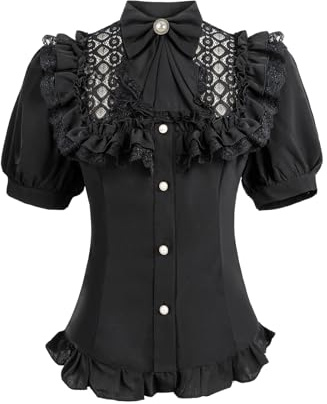 Fiamll Blusa victoriana vintage para mujer con lazo, cuello alto con volante, camisa de manga larga, blusa medieval, M