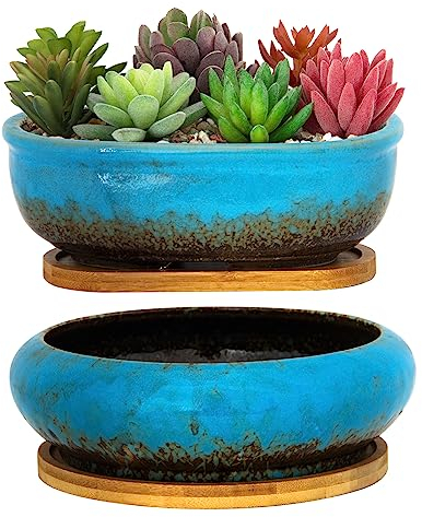 ARTKETTY Succulent Plant Pot - Large Ceramic Bonsai Pot with Drainage Tray, 1 Rectangle Planter + 1 Round Plant Pot for Indoor Cactus Flower Plants Decorative Garden Home