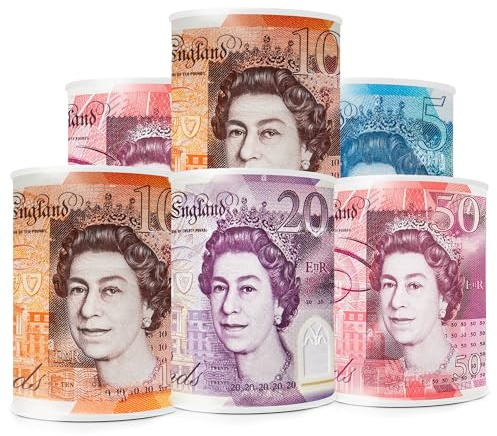 BERTO 6PCS MONEY TIN BOX - Sterling Bank Note -TIN Piggy Bank, Coin Tin, Cash Tin, Savings Tin, Money Can, Birthday Money, Holiday & Christmas Fund (6 X Medium Random)
