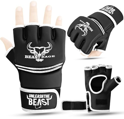 BEASTRAGE MMA Guantes para Hombres y Mujeres, Artes Marciales Mitones Grappling Sparring, Palma ventilada, Cuero Vegano, Cage Fighting, Muay Thai, Kick Boxing (M, Blanco)