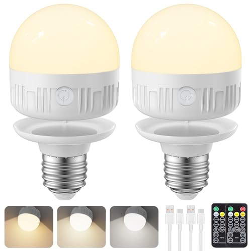 SCOPOW 2Packs E26 Rechargeable Light Bulbs with Remote Control, 5W 350lm Magnetically Battery Operated Light Bulbs 2000mAh, 3 Color Temperature, Timer, Dimmer for Non-Hardwired Lamp