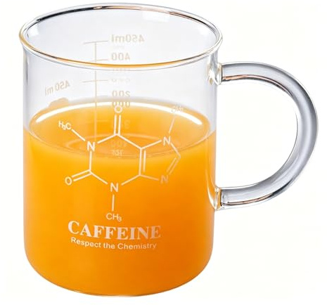 Leopacat Taza de Vaso de CafeíNa,Tazas Transparentes Quimica Cristal,Tazas de Vidrio de Borosilicato CientíFico con Asa Graduada Taza Profesora para Latte,Leche,Capuchino,Jugo De Agua 450Ml