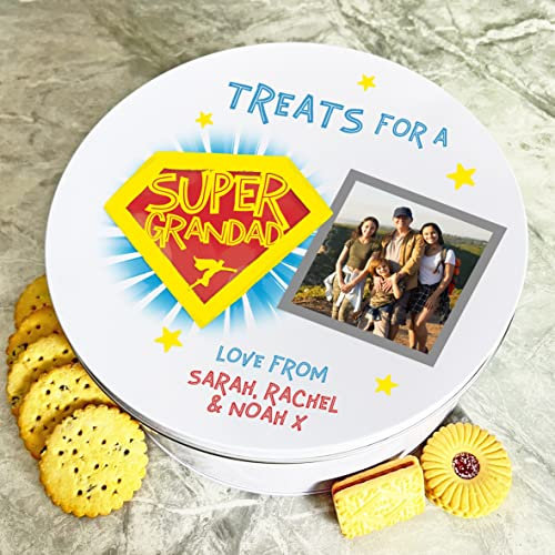 Fingerprint Designs Super Grandad Photo Hero Round Personalised Gift Biscuit Sweets Treat Tin | Personalised Gift | Custom Gift | Tin | Storage Container|Tin