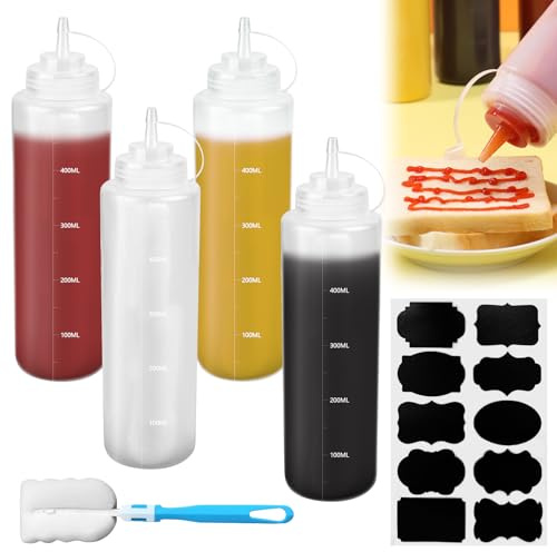 RUCUDIM Sauce Squeeze Bottle 500ml with Cap, 4PCS Plastic Squeeze Bottle Dispenser, Squeezy Squirt Bottles with Cleaning Brush Sticker for Condiments, Seasoning, Ketchup, Mustard, Mayo, Olive Oil