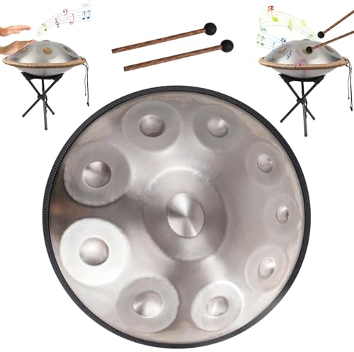 Percussion Musikinstrumente Handtrommel Set, Handpan 22 Zoll, D-Moll, Kurd, Handpan, 9/10/12 Noten, Handpan Stahltrommel For Anfänger, Profis, Musiktherapie(Silver,10 Notes (432Hz))