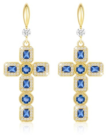 Linawe Boucles d'oreilles en forme de croix, boucles d'oreilles suspendues en or, bijoux bleu saphir pour femmes, ensemble de boucles d'oreilles en cristal et strass