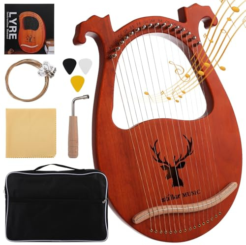 Lyre Harp, 16 Strings Mahogany Acoustic Harp with Extra Strings, Antler Carved Wood Lyre, Portable Musical Instrument for Beginners Music Lovers, Includes Tuning Wrench Carry Bag
