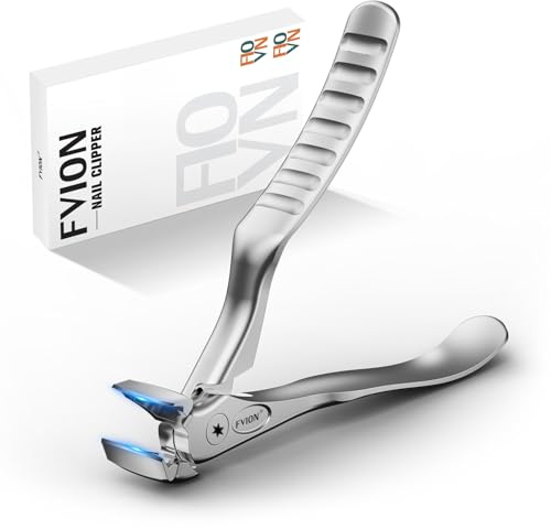 FVION Ergonomisk nagelklippare med handtag för seniorer, vinklat huvud tånagelklippare för tjocka tånaglar och fingrar, bred käköppning precision nageltrimmer med fångare (silver)
