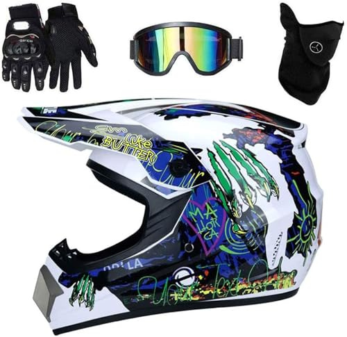 Full ansiktsmotocrosshjälm, med glasögonmaskhandskar, vuxen unisex motorcykelhjälm utanför vägmotorcykelhjälmen, nedförsback(White,XL(58~59cm))