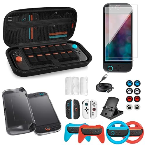 Lampelc Switch 2 Accessories Bundle for Nintendo, 23 in 1 Game Kit: Carrying Case, Two Screen Protectors, Steering Wheels, Grips for joycon Controller, Adjustble Stand, Type-C cable, Game Card Case