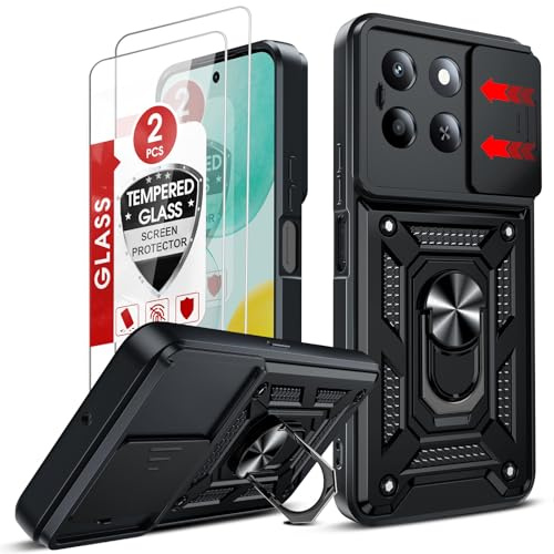 LeYi for Honor X6c Phone Case with Camera Cover Slider and 2 Tempered Glass Screen Protectors, Ring Stand Holder, Rugged Protective Tough Armor Cover for Honour X6c 4G, Black
